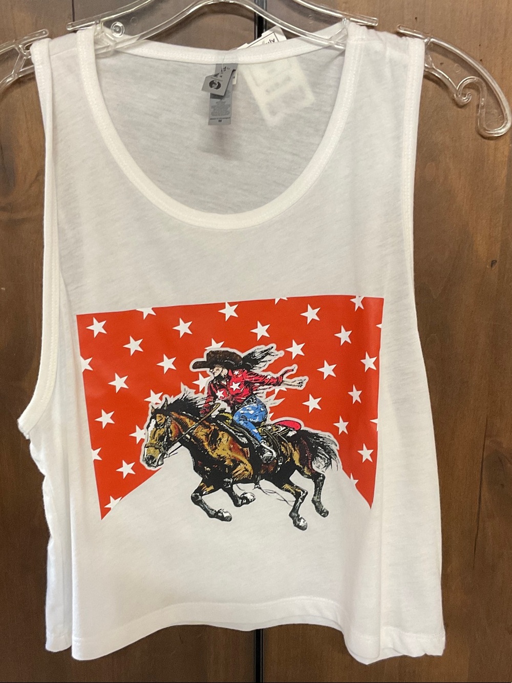 Next Level Apparel White Tank with Red Star Rodeo Graphic